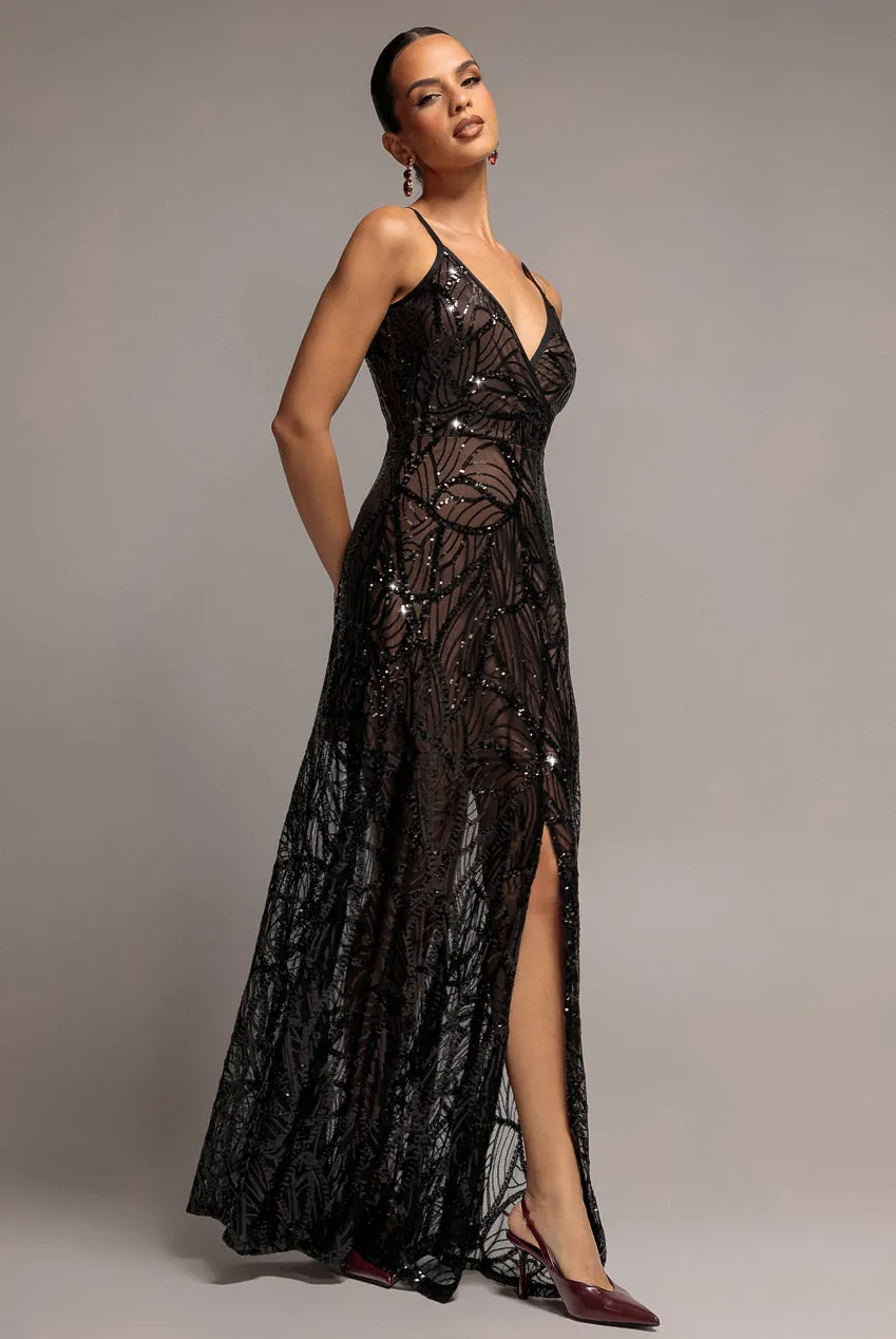 Goddiva paillettes iridescenti abito maxi nero spacco