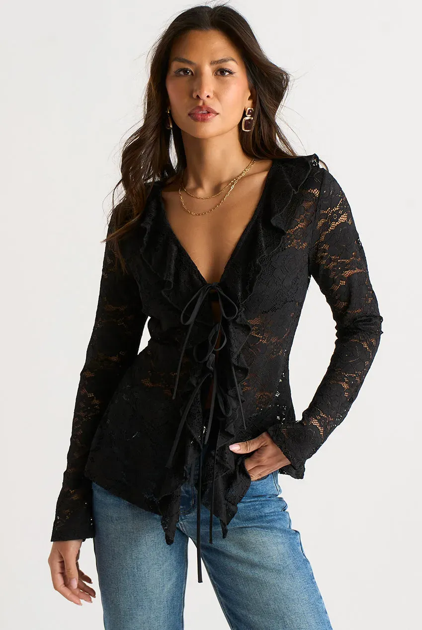 Gini London Lace Ruffle camicetta nera pizzo jersey