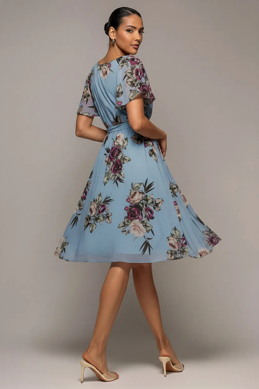 Goddiva midi wrap abito floreale blu maniche volant