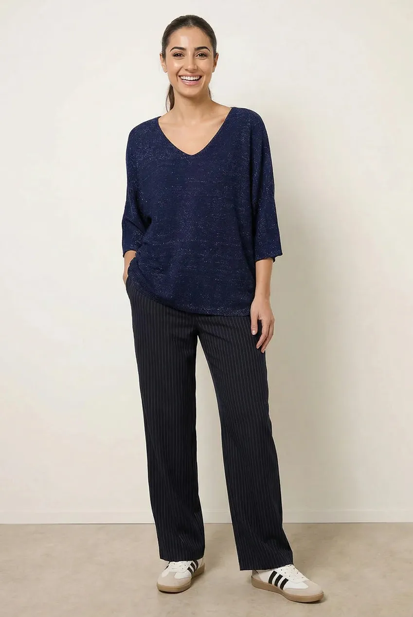 Blue Vanilla Ripple maglia navy scollo V metallizzata