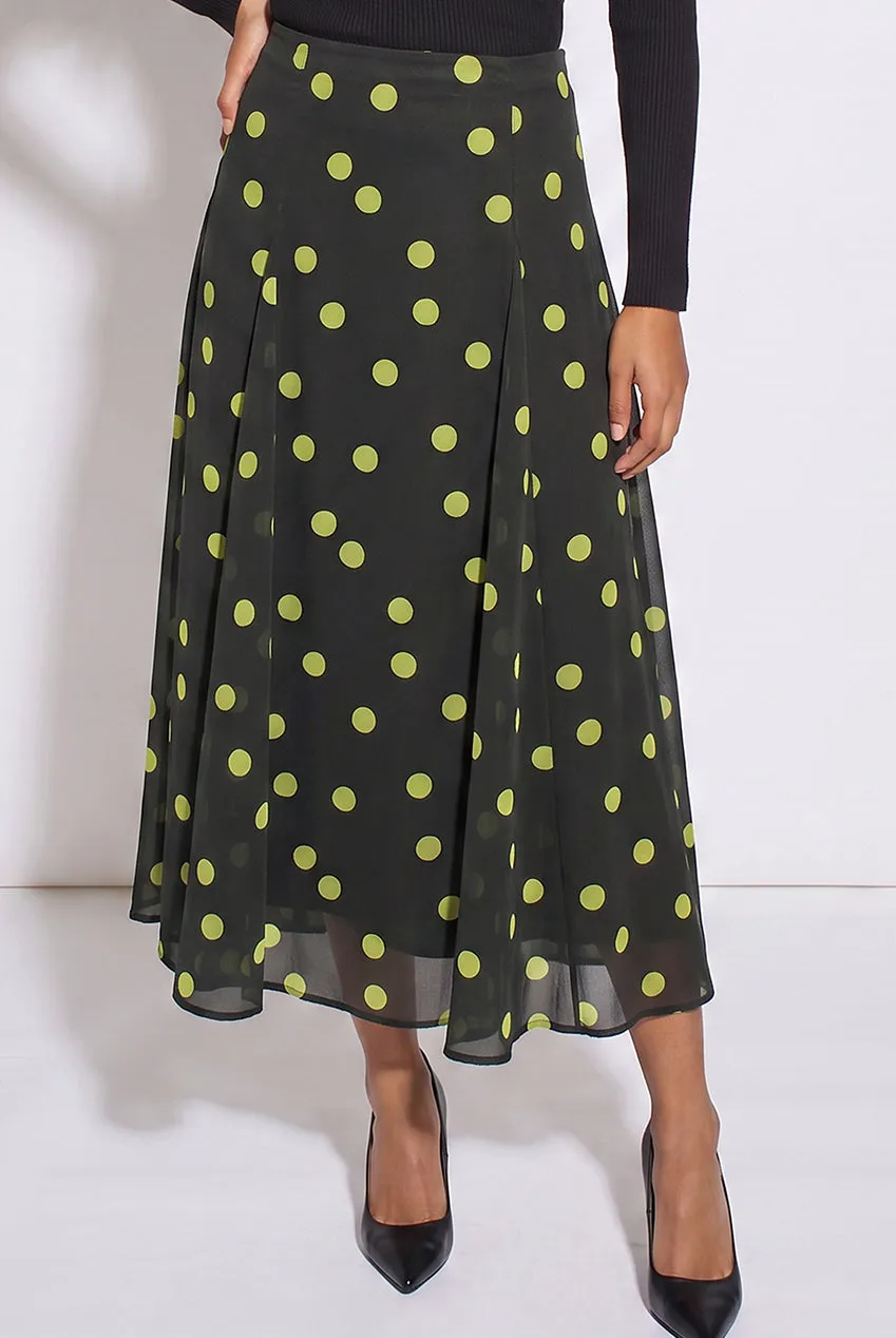 Gini London Gonna Midi Satin Verde Lime a Pois Godet Taglia 10