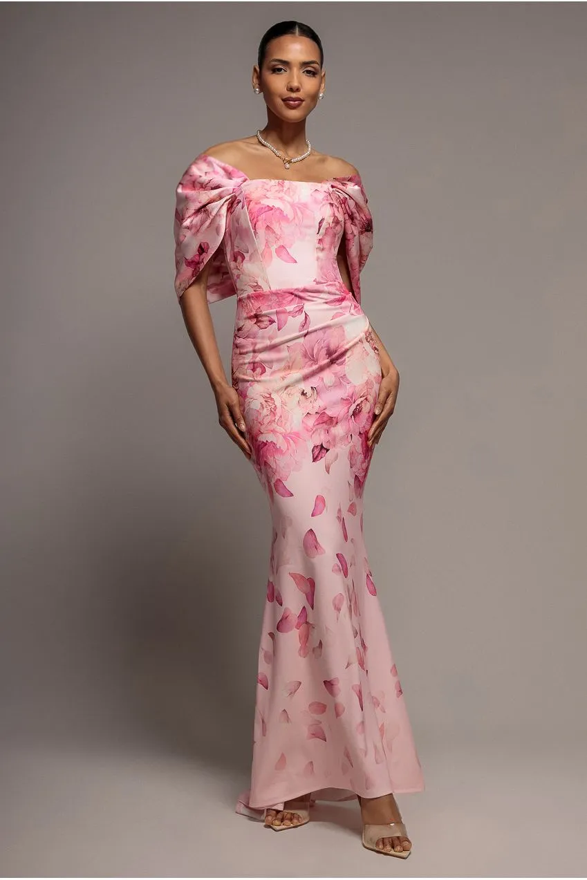 Goddiva Satin Bow Back abito lungo rosa cipria floreale