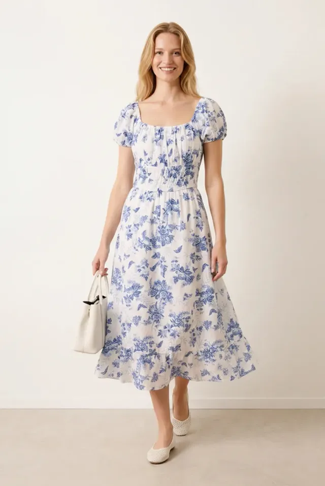 Blue Vanilla Off Shoulder abito blu midi floreale cotone