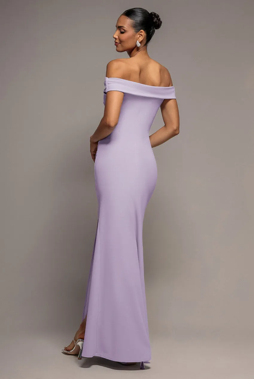Goddiva Bardot Abito Maxi Lilla Scuba Spacco Sirena