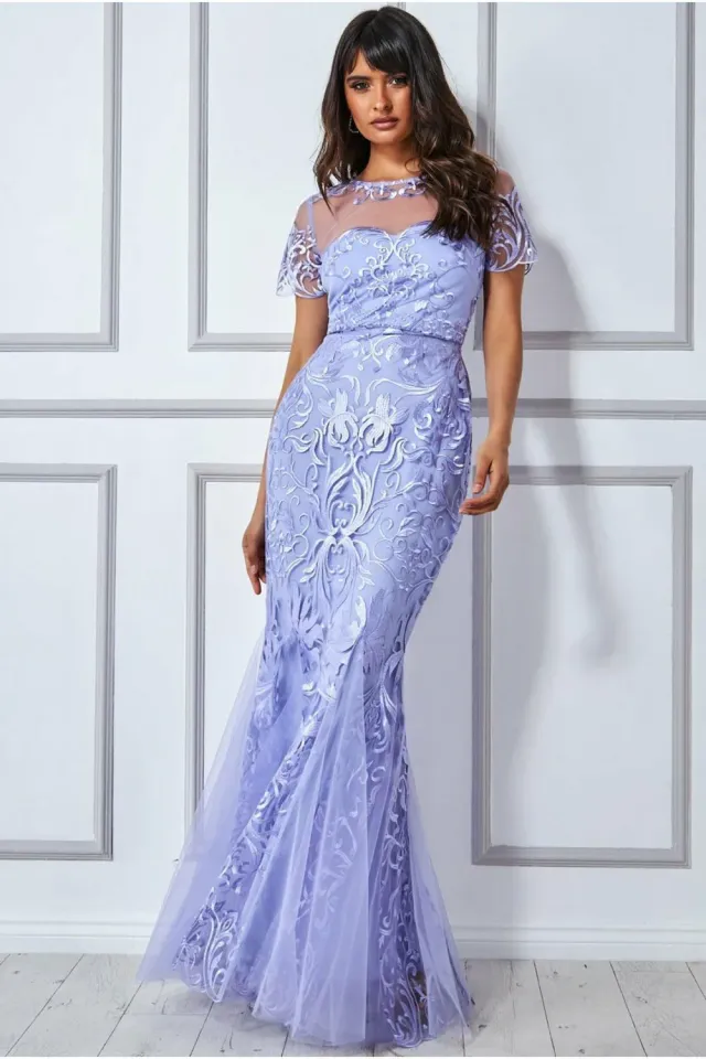 Goddiva Mesh Lace Abito Maxi Lilla Orlo Smerlato
