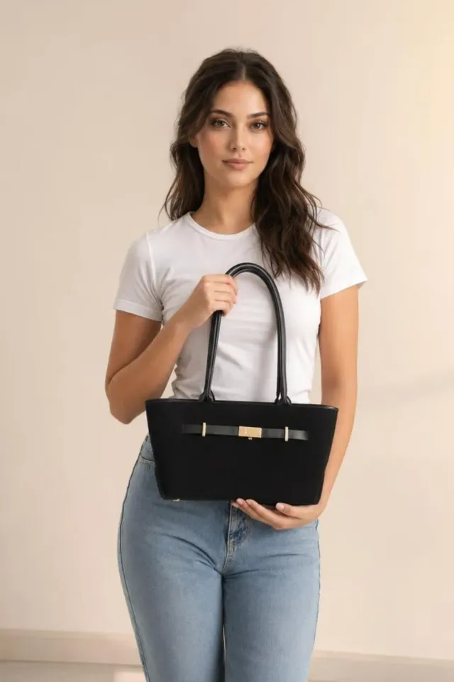 SVNX Borsa Spalla Scamosciata Nera Manico Alto