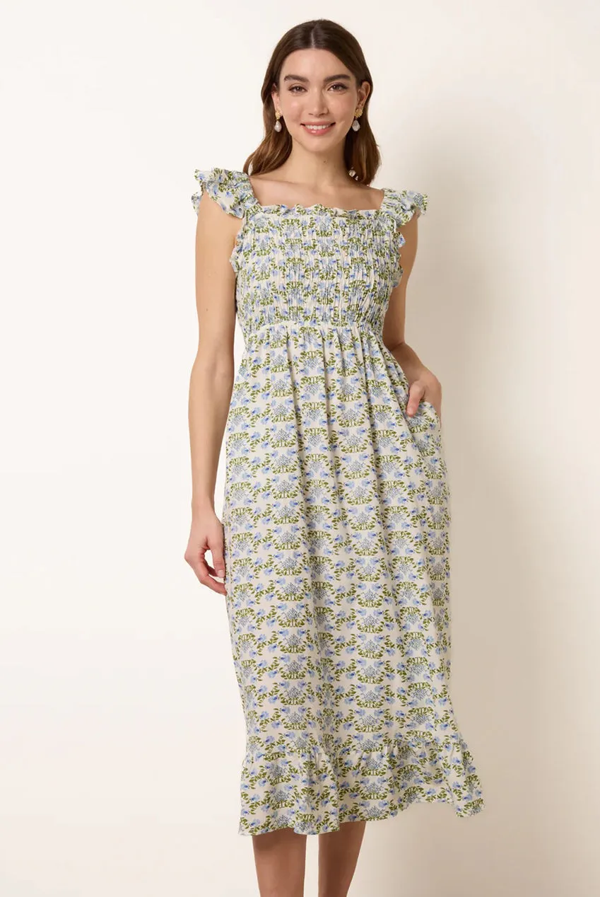 Blue Vanilla Floral abito midi blu schiena fiocco