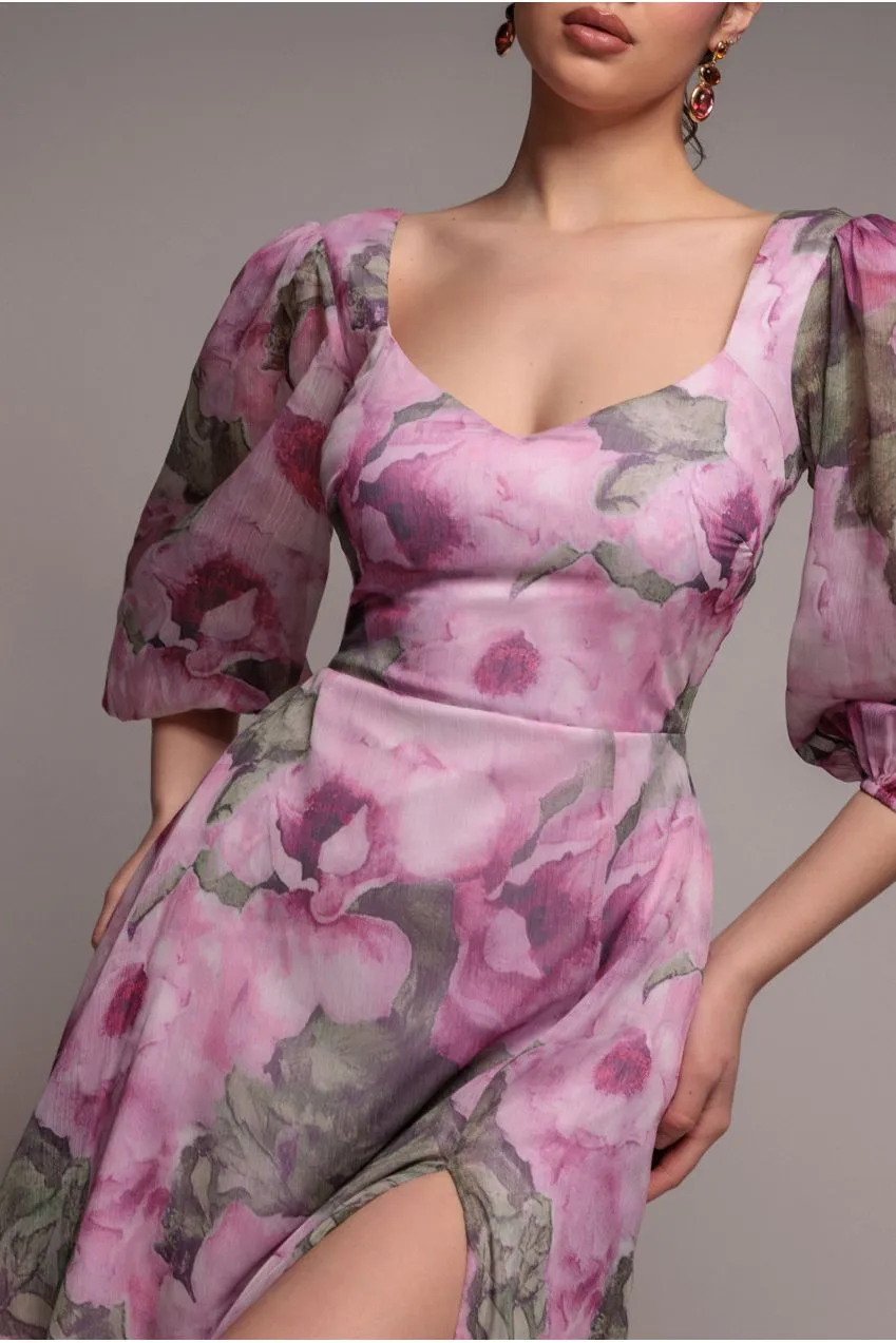 Goddiva abito chiffon rosa cipria floreale spacco