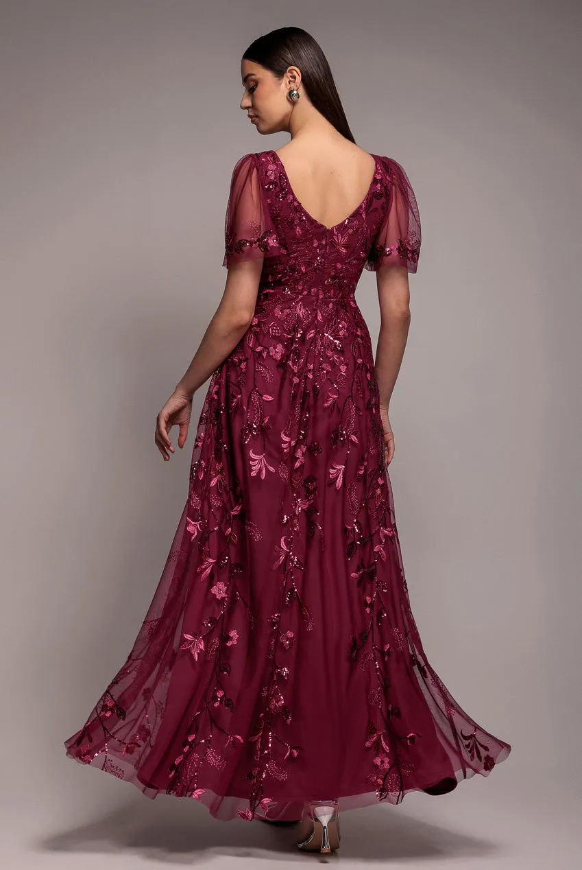 Goddiva DR3279 abito maxi ricamato magenta maniche a volant