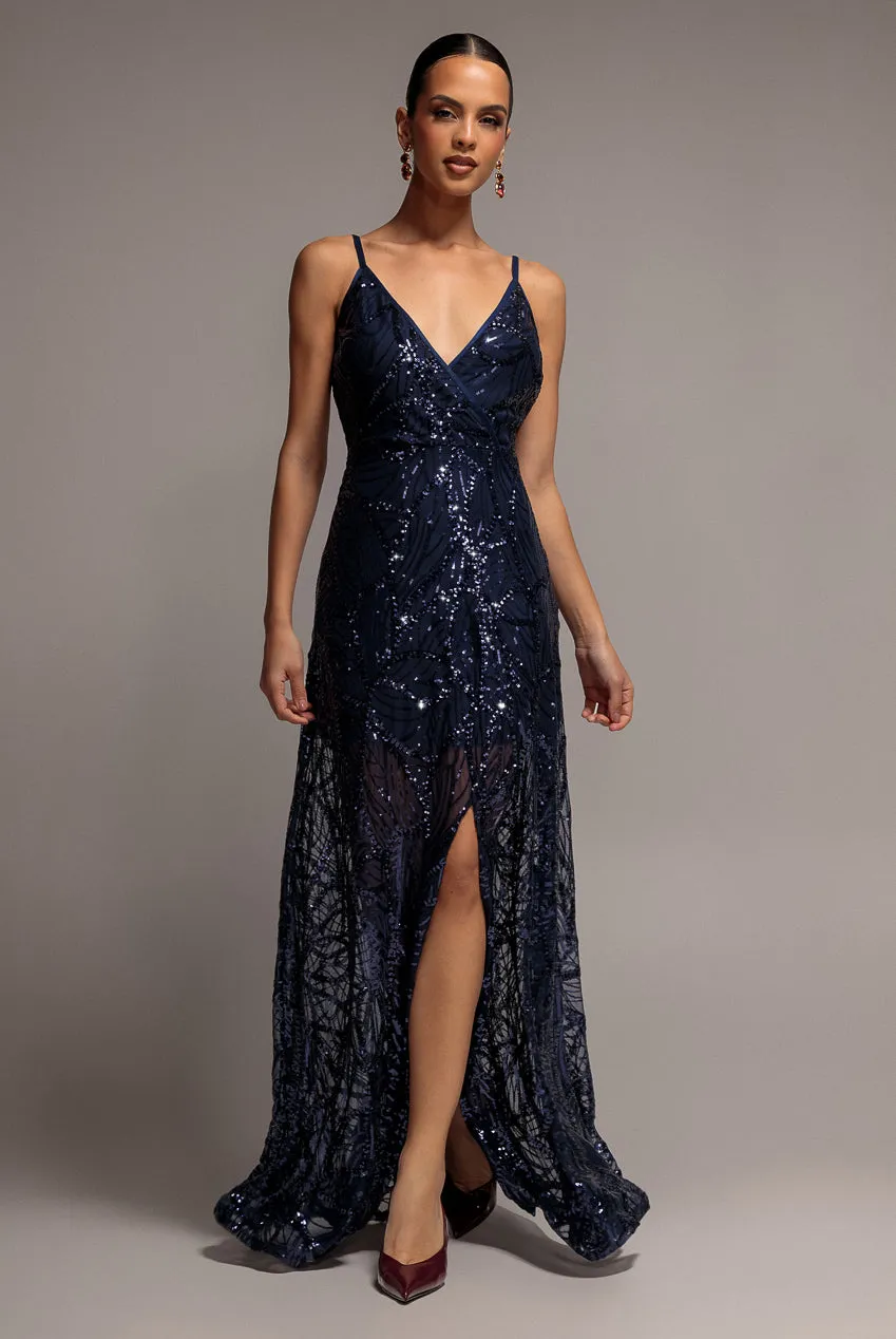 Goddiva Ornamental abito blu paillettes maxi spacco