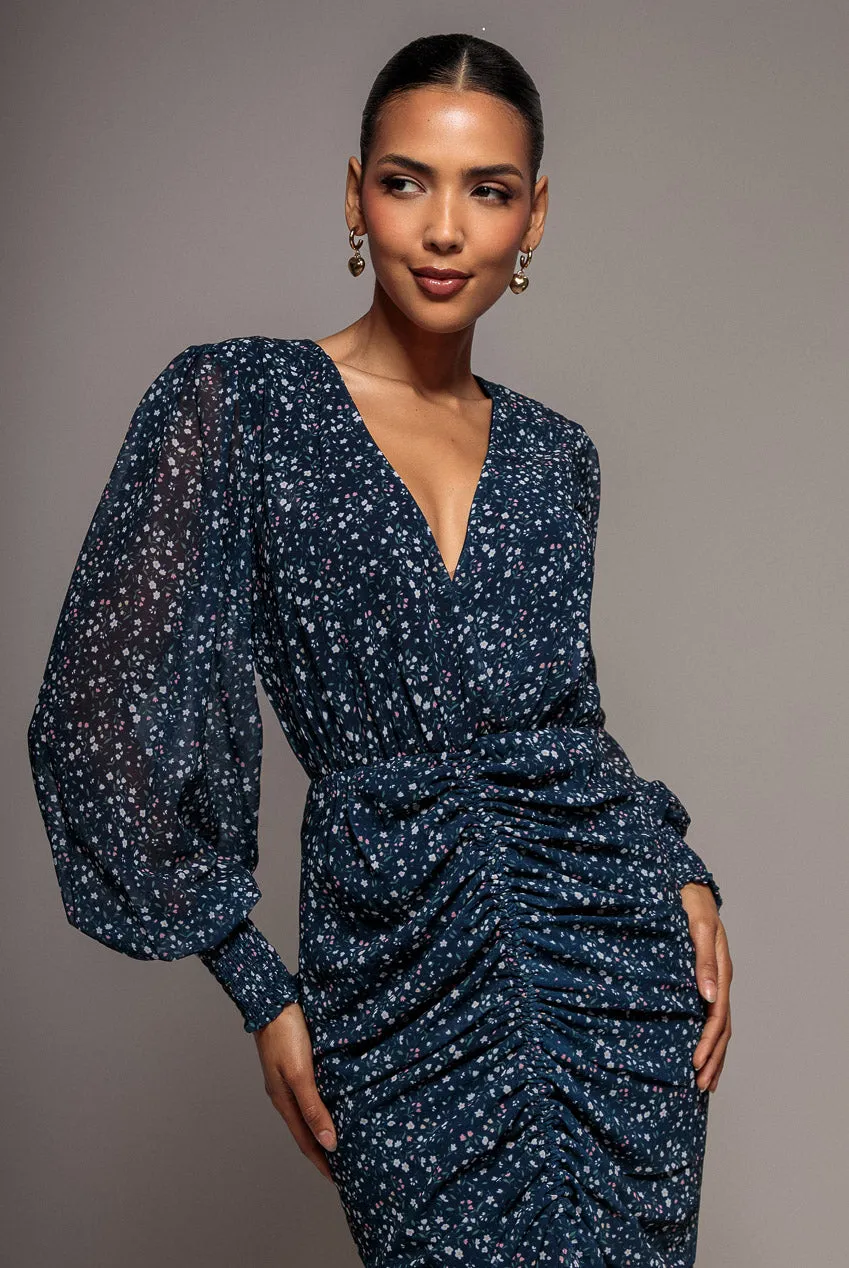 Goddiva Abito Midi Blu Stampa Maniche Lunghe Coulisse