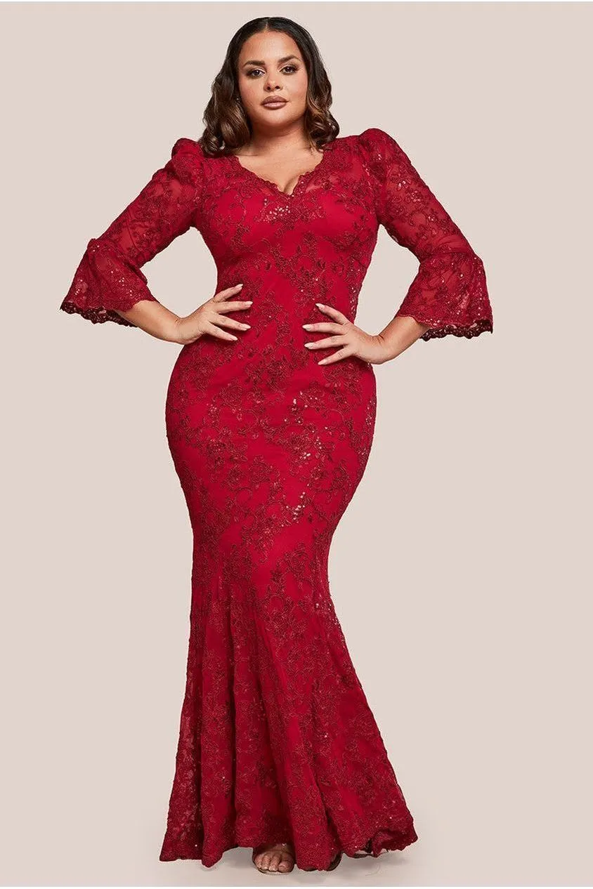 Goddiva Plus Scalloped Lace abito maxi rosso pizzo