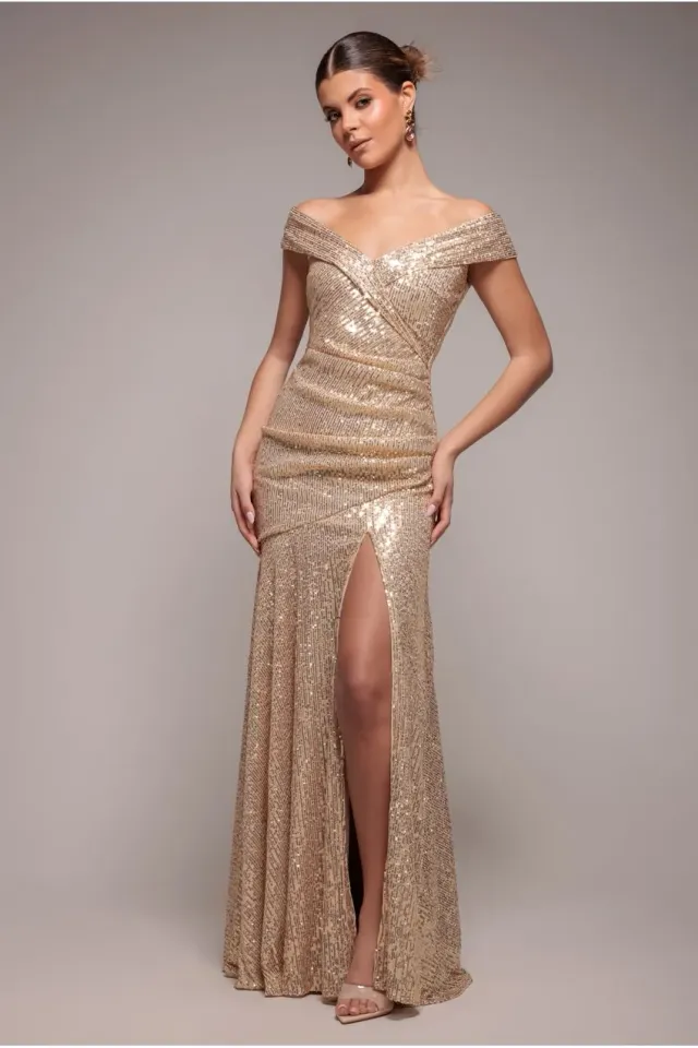 Goddiva Bardot Abito maxi oro paillettes spacco