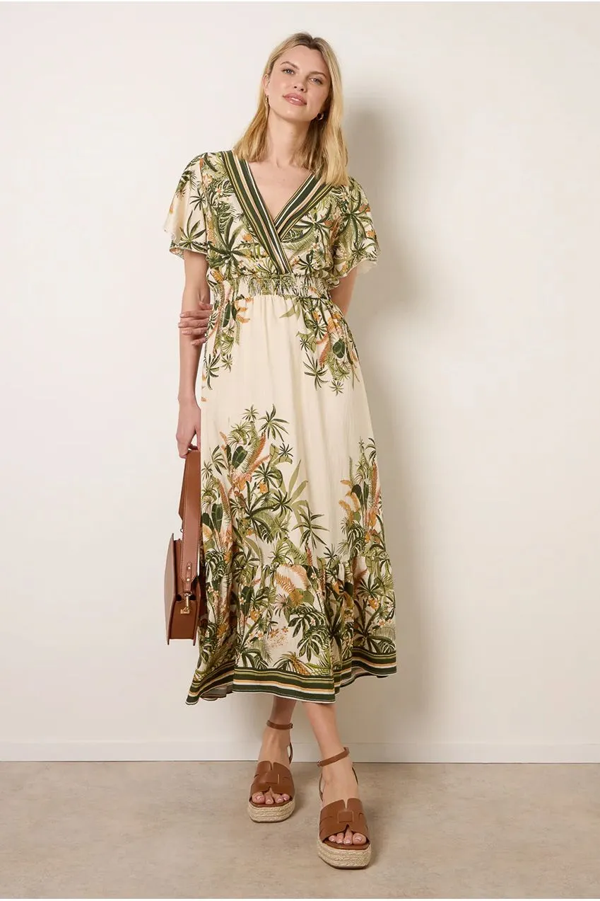 Blue Vanilla Tropical Print abito maxi verde kimono