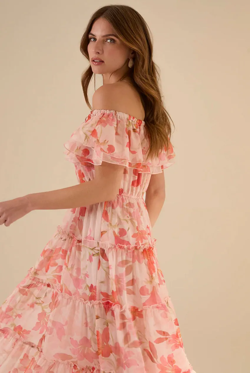 Blue Vanilla Off The Shoulder Maxi abito rosa floreale