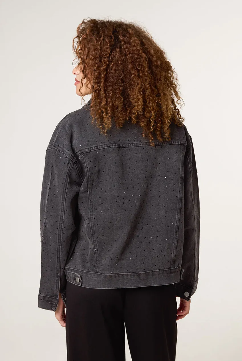 Blue Vanilla giacca denim nera ricamata cotone
