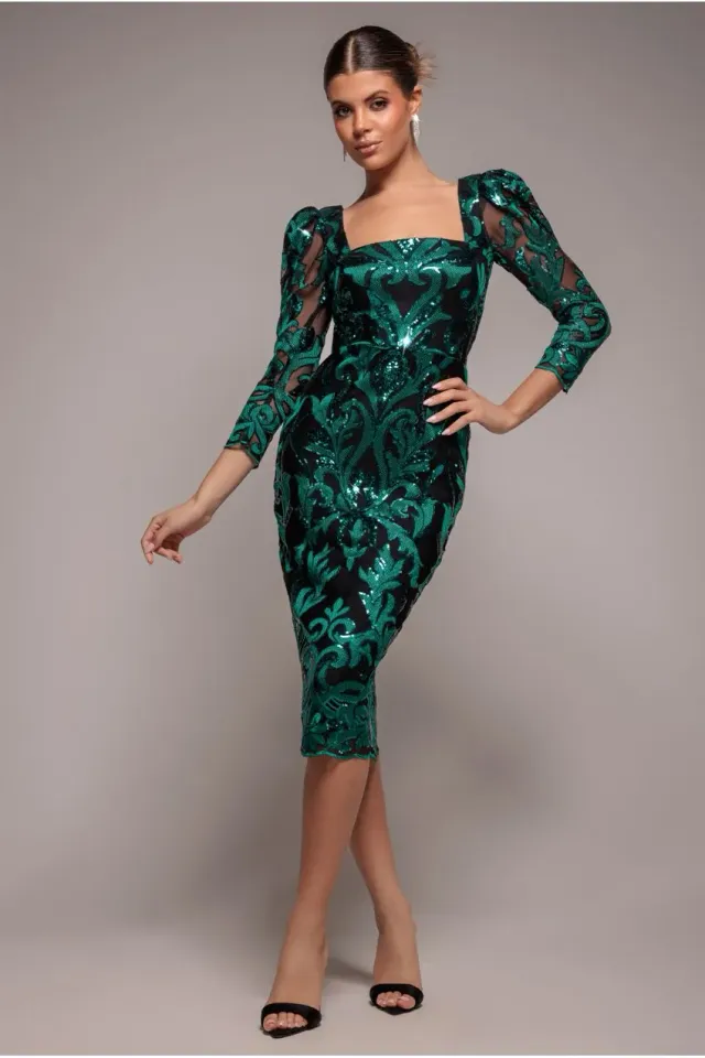 Goddiva Square Neck Scalloped Embroidered Sequin Midi abito verde