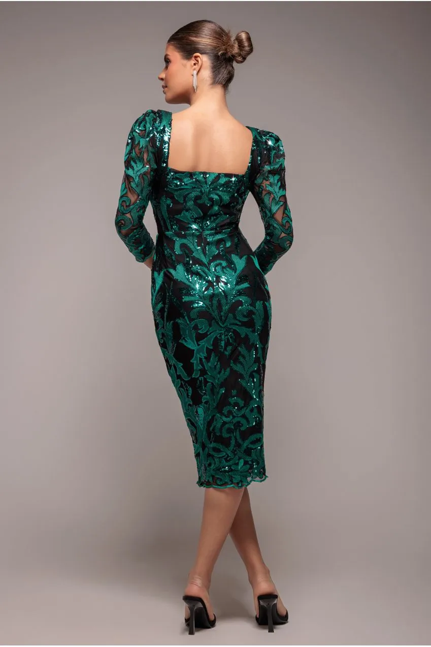 Goddiva Square Neck Scalloped Embroidered Sequin Midi abito verde