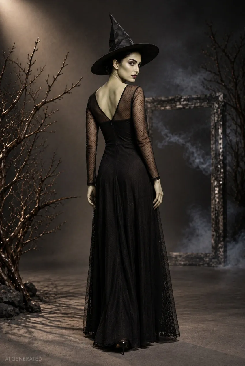 Goddiva Elphaba abito lungo nero maniche lunghe scollo cuore