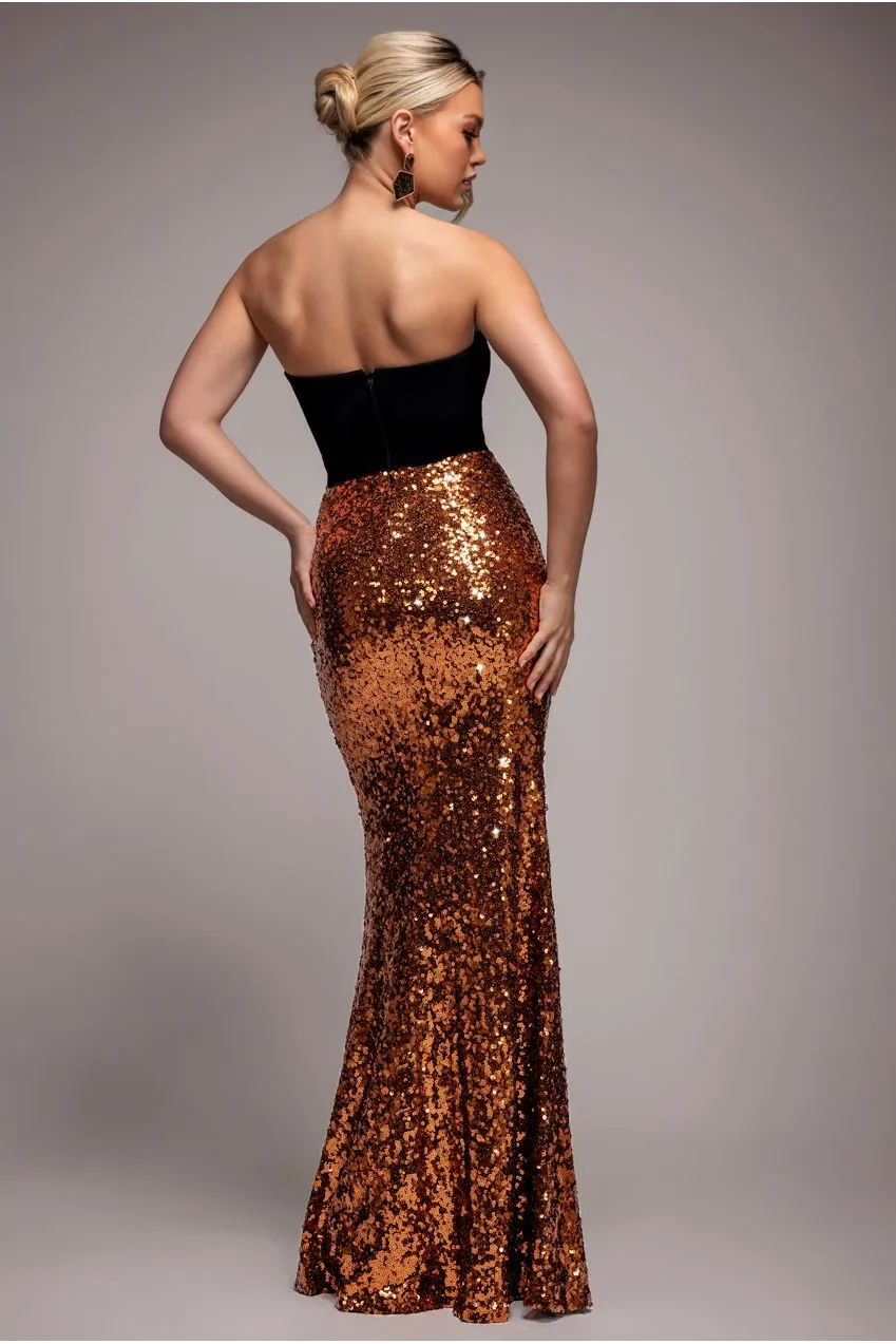 Goddiva Scuba Crepe Sequin abito maxi bronzo corsetto sirena