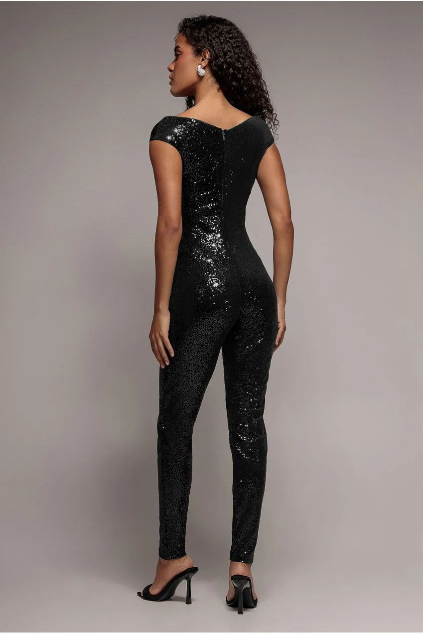Goddiva tuta velluto paillettes nero bardot