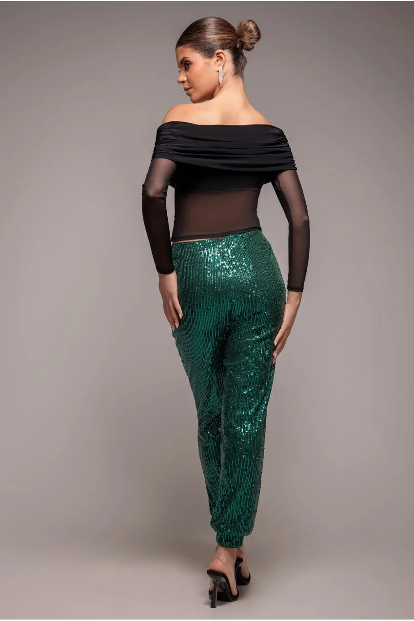 Goddiva pantaloni caviglia paillettes smeraldo vita alta