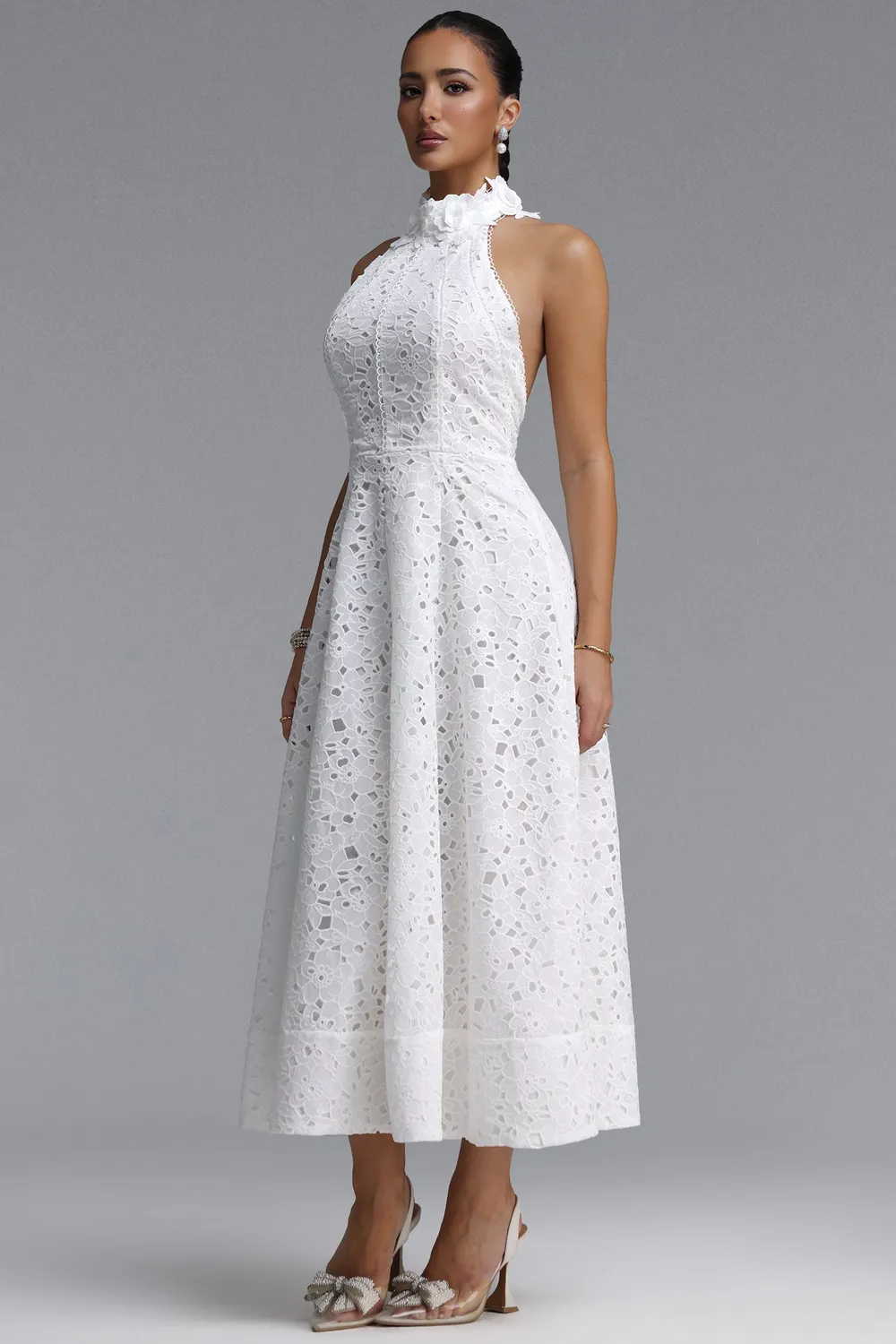 Bella Barnett Nuvola abito midi pizzo bianco halter