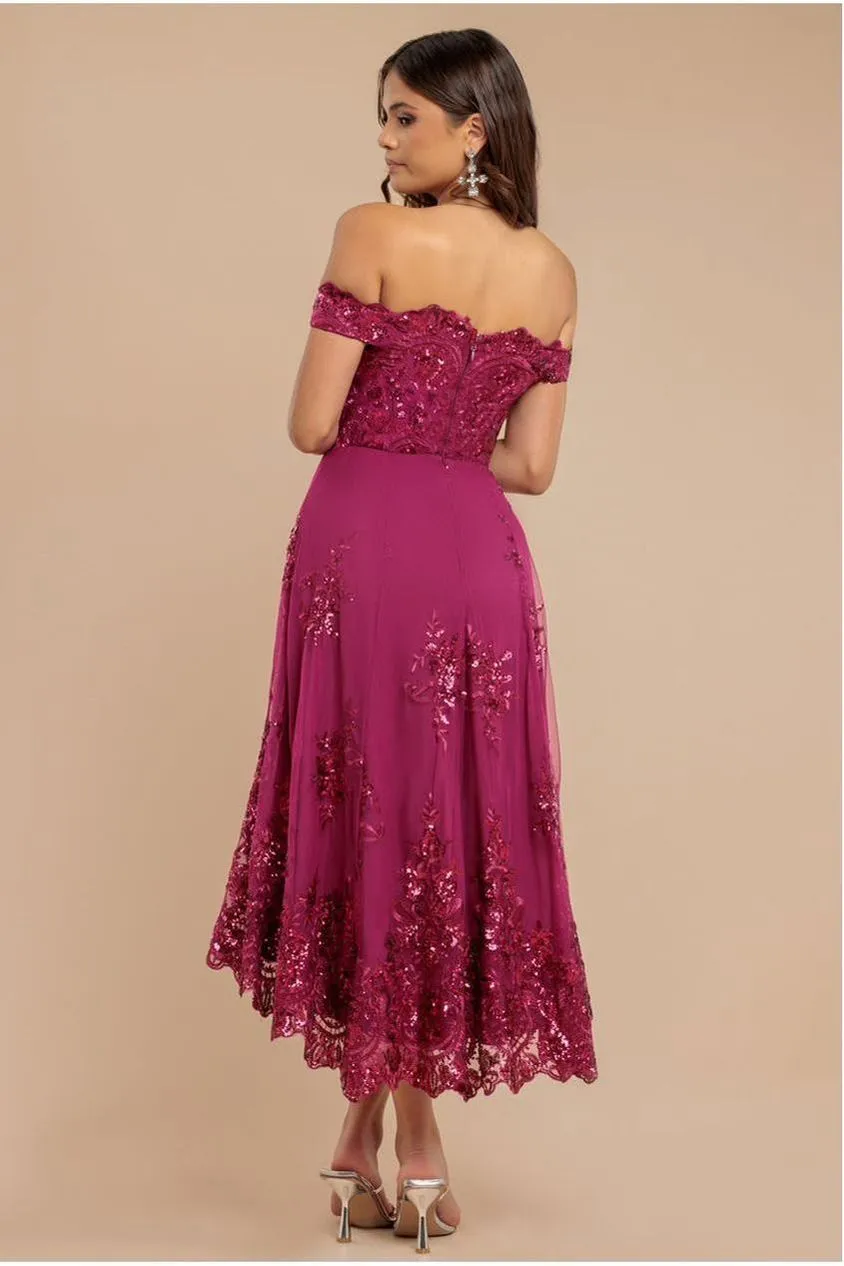 Goddiva Bardot abito midi pizzo paillettes magenta 8