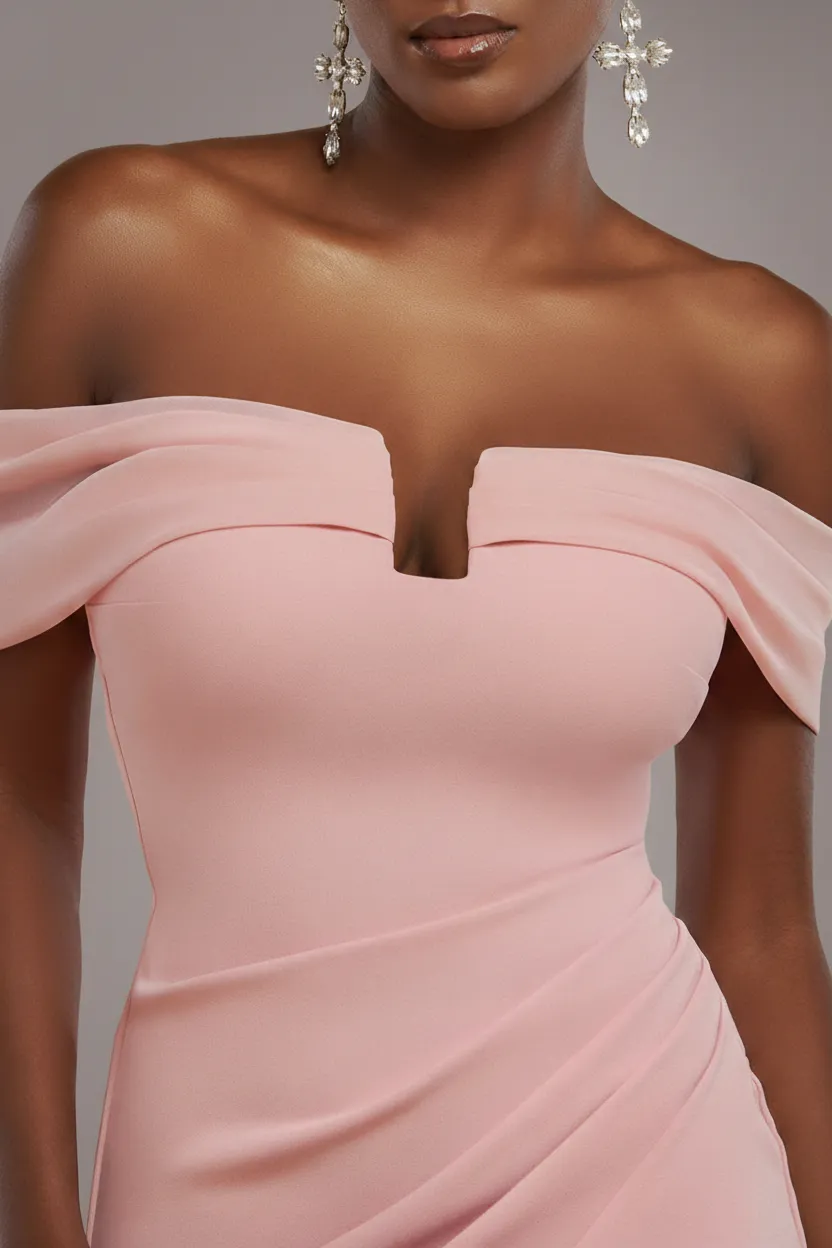 Goddiva Chiffon Wing abito midi rosa cipria spalle scoperte