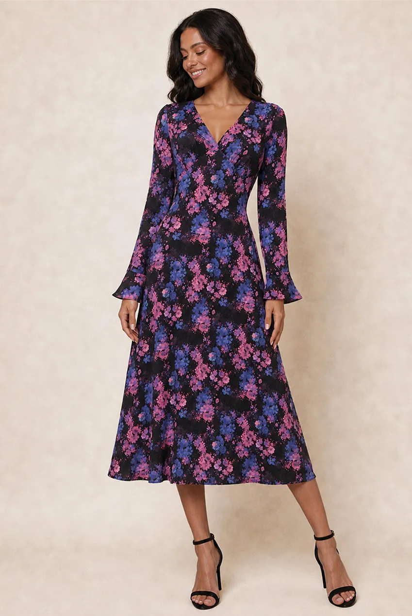 Chi Chi London V Neck abito midi nero floreale maniche lunghe satin