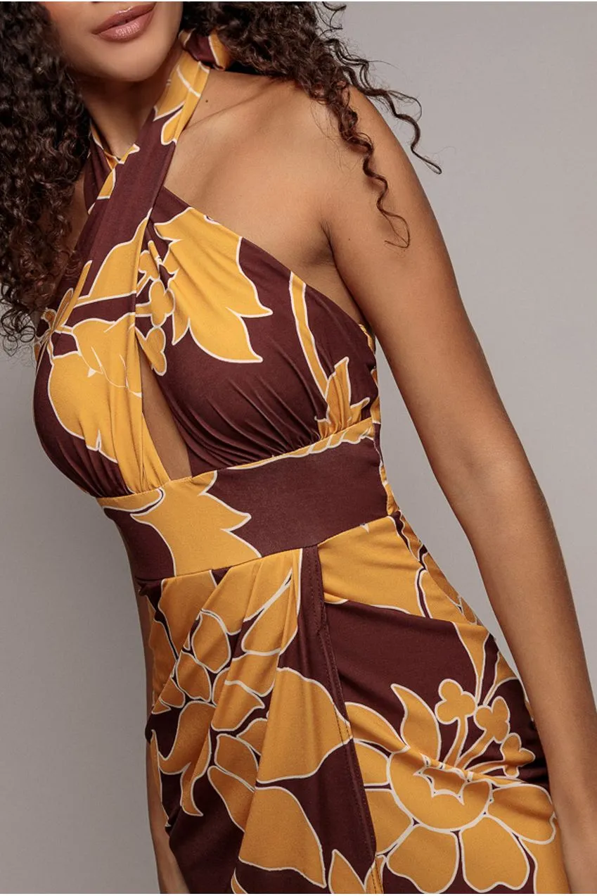 Goddiva Abito Maxi Fantasia Marrone Scollo Halter