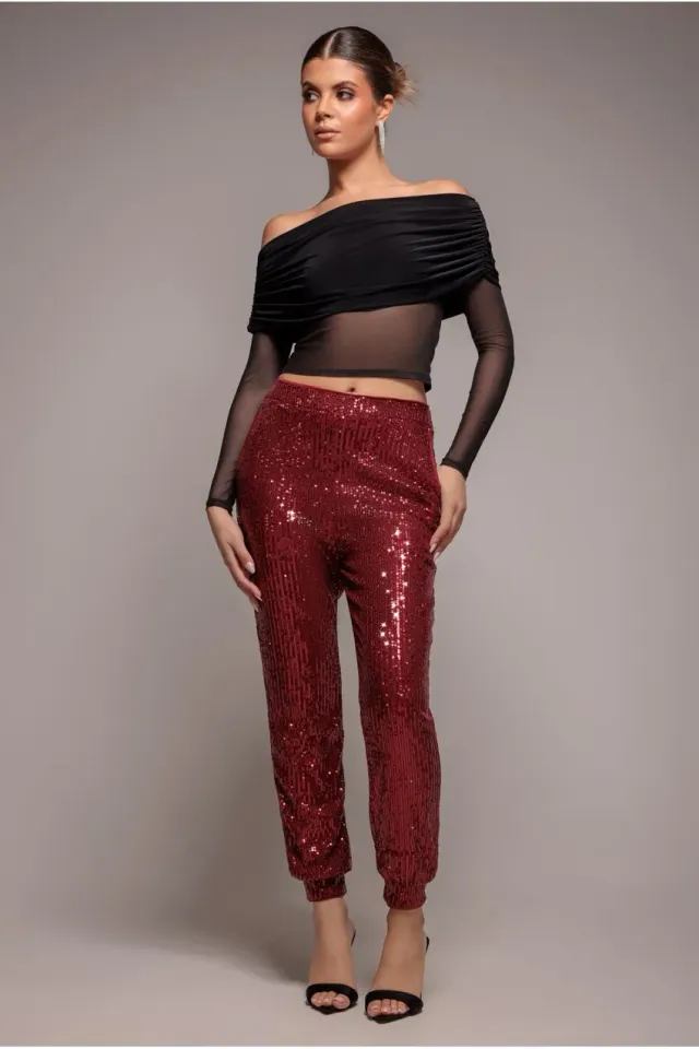 Goddiva Sequin pantaloni bordeaux paillettes caviglia