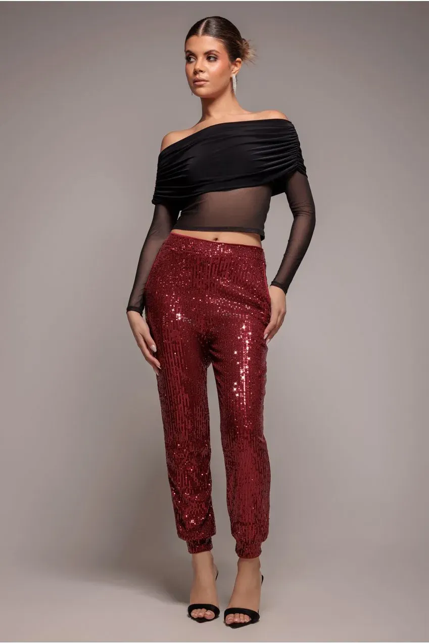 Goddiva Sequin pantaloni bordeaux paillettes caviglia