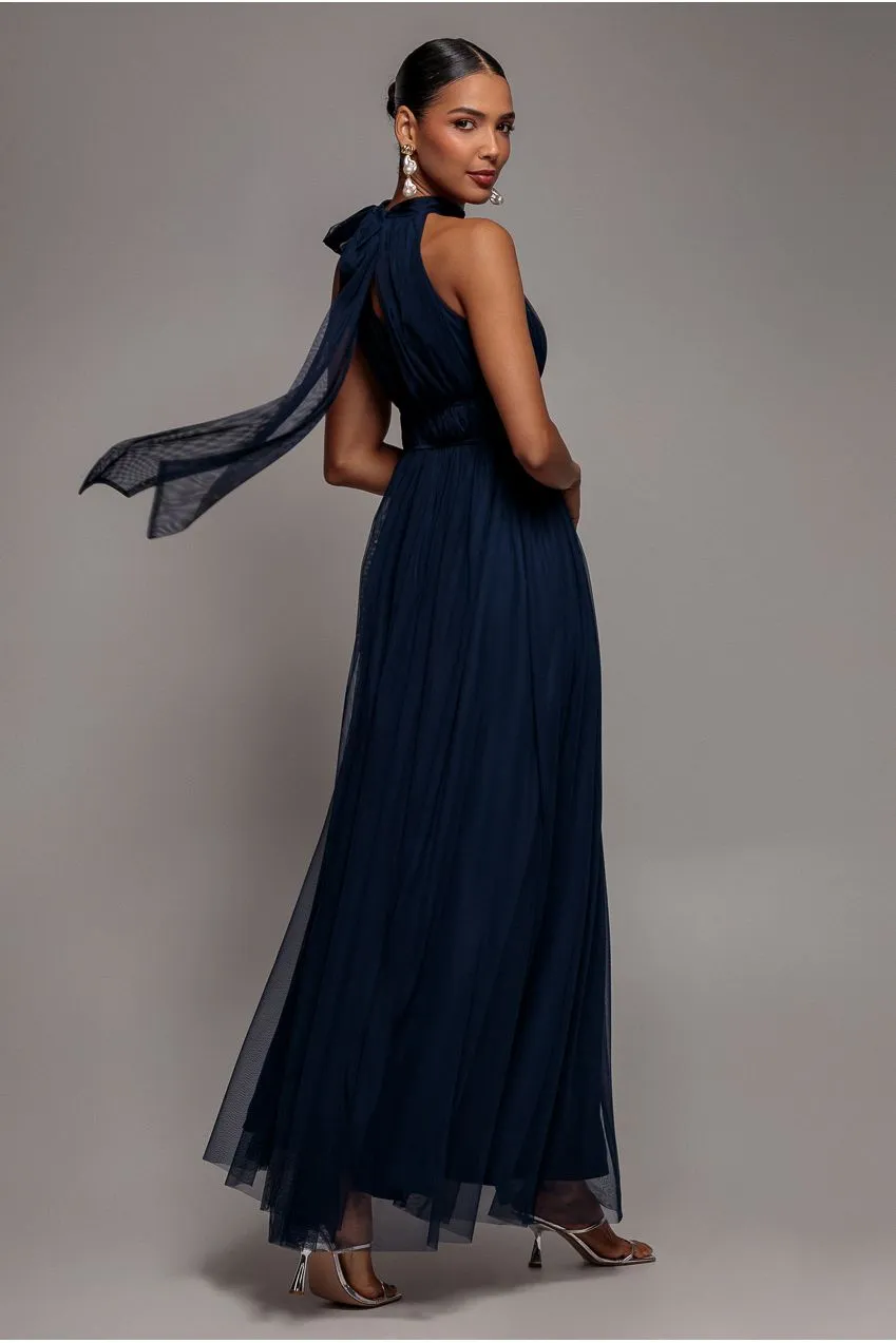 Goddiva Halter Neck Mesh abito maxi navy blue 12 spacco