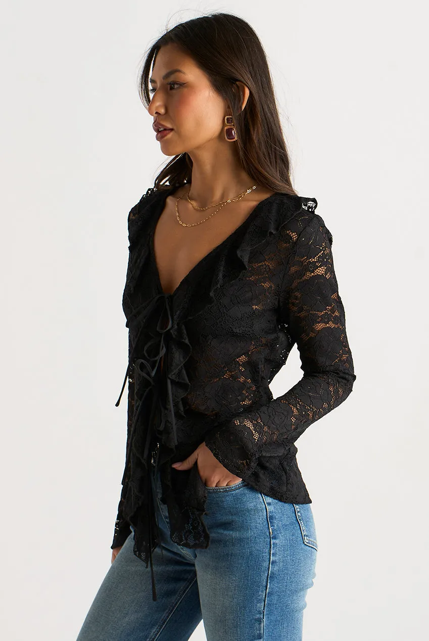 Gini London Lace Ruffle camicetta nera pizzo jersey