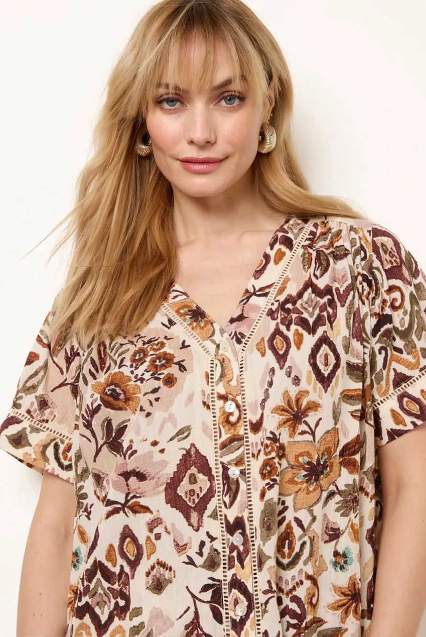 Blue Vanilla Paisley V Neck camicia marrone