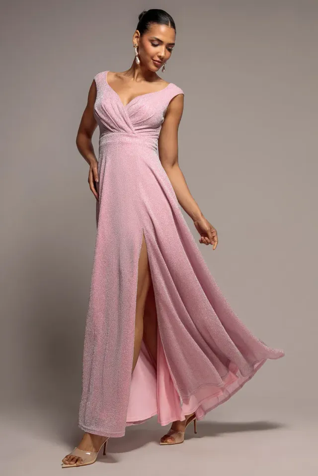 Goddiva Crossover Lurex Glitter abito maxi rosa spacco