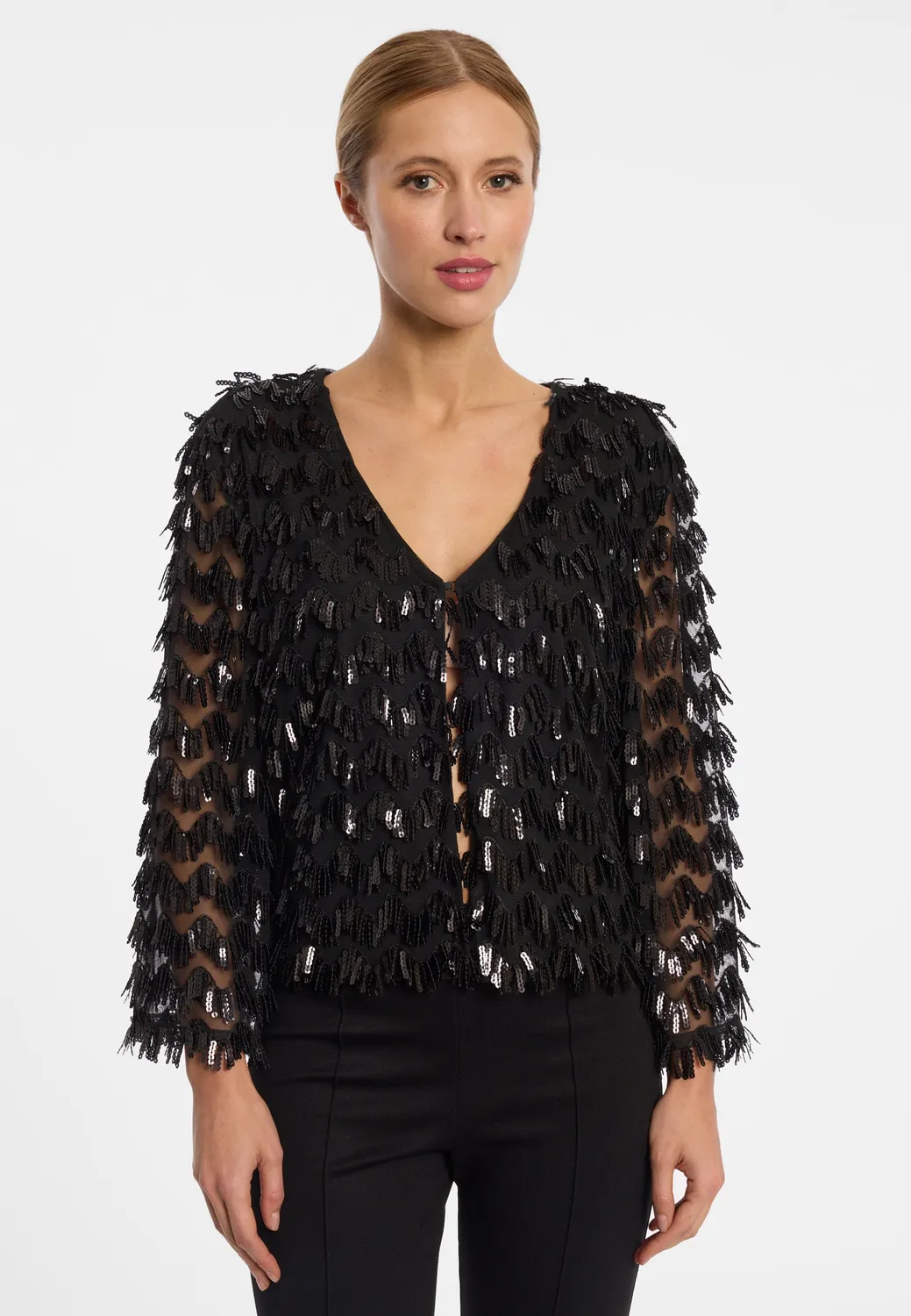 Ana Alcazar Ephira giacca frange paillettes nera