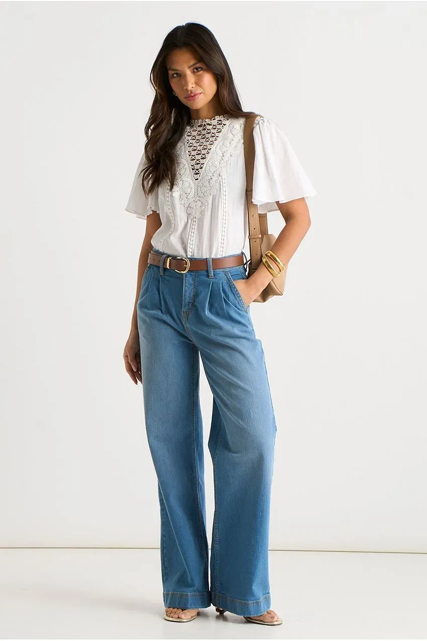 Gini London Blue Pleat Wide Leg jeans blu gamba larga