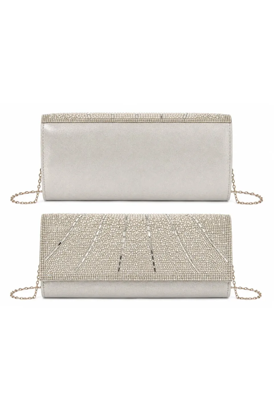 Double Second pochette argento strass con catena