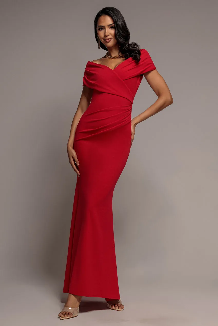 Goddiva Bardot Wrap abito maxi sirena rosso scuba elasticizzato