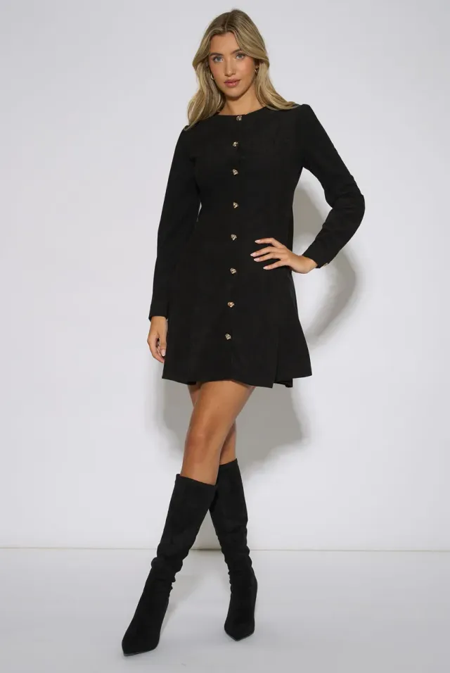 Gini London Cord abito mini nero velluto bottoni oro