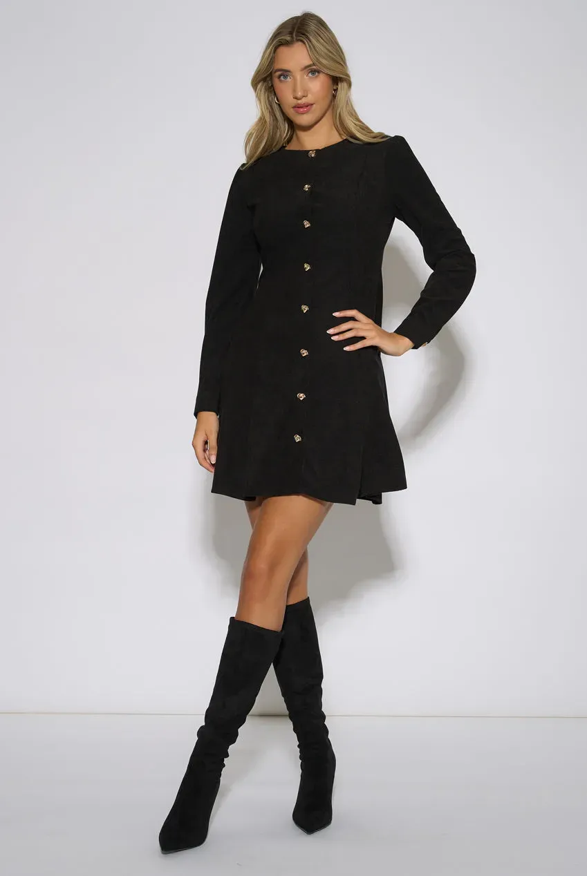 Gini London Cord abito mini nero velluto bottoni oro