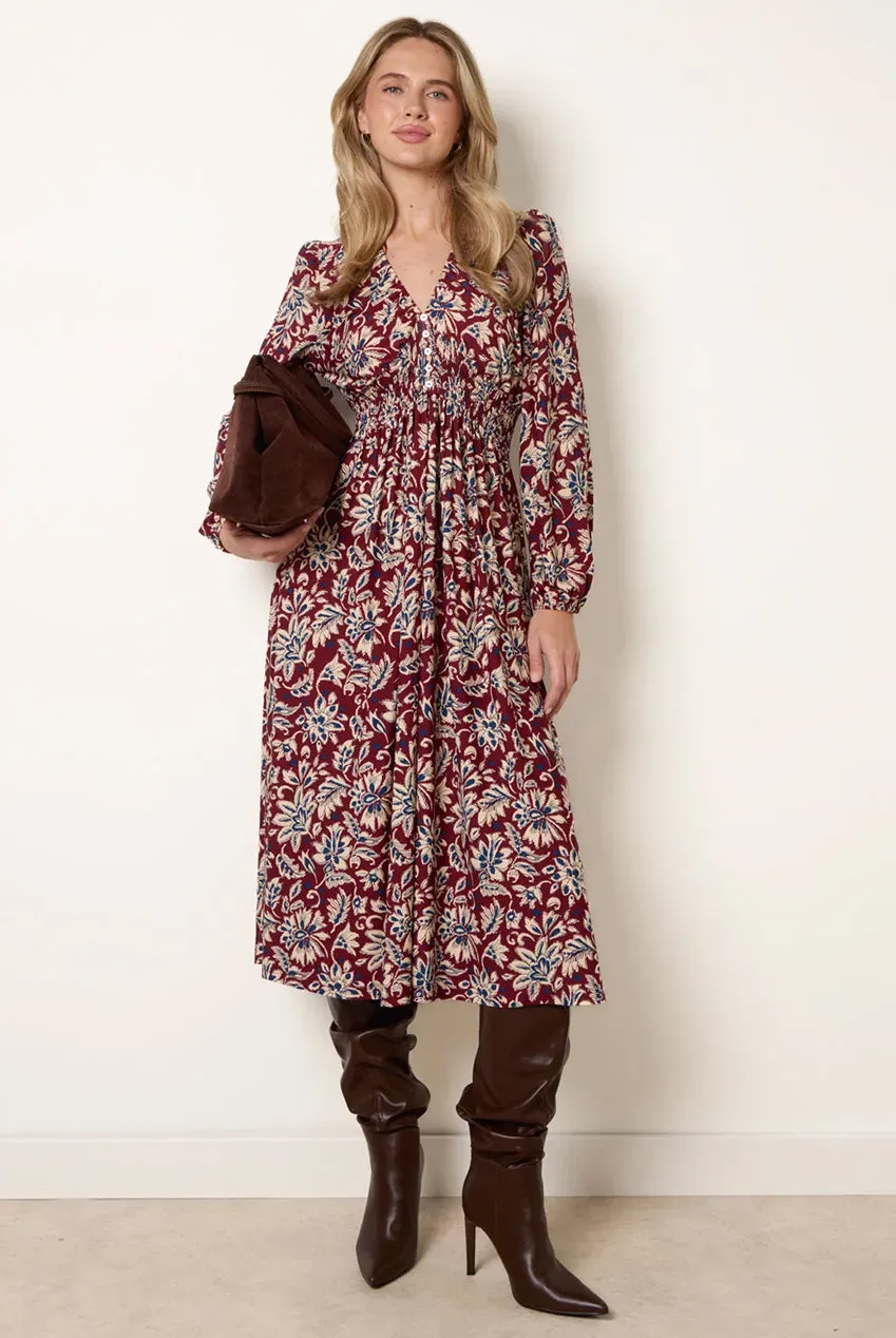 Blue Vanilla V Neck Elasticated abito midi bordeaux floreale