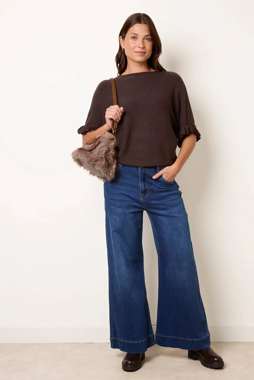 Blue Vanilla Frill Sleeve Batwing maglione cioccolato taglia unica