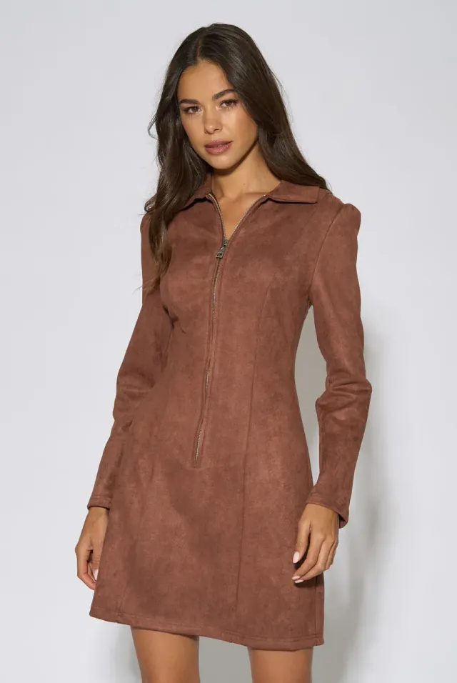 Gini London Zip abito mini marrone scamosciato