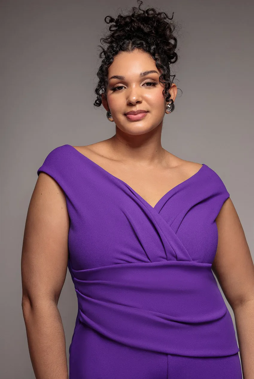 Goddiva Plus Bardot tuta jumpsuit viola scuba curvy