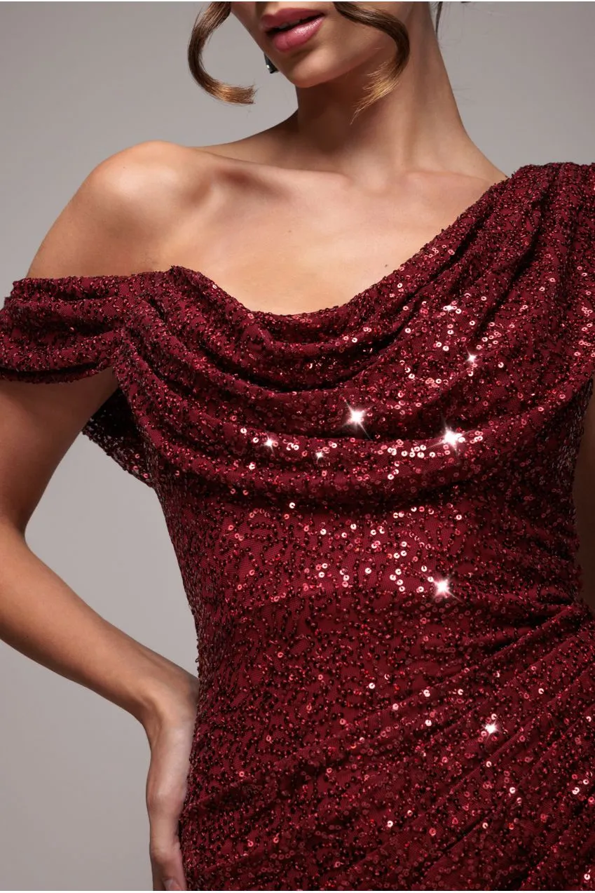 Goddiva Sequin Cowl One Shoulder abito maxi vino paillettes