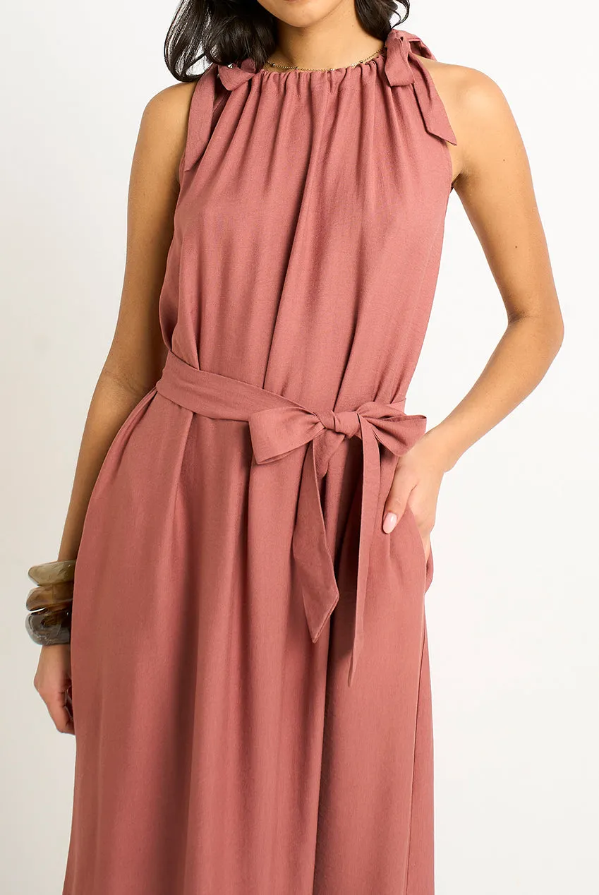 Gini London Tie Shoulder abito maxi ruggine con cintura