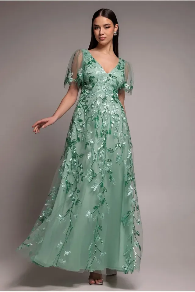 Goddiva Flared Sleeve abito maxi verde salvia ricamato